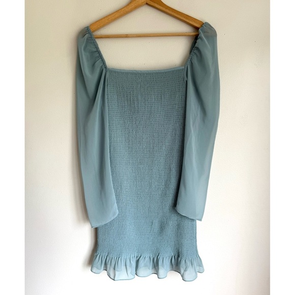 NWT Wilfred Aritzia Ballad Smocked Long Sheer Sleeve Dress in Blue - Picture 8 of 10